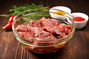 Canvas Print - raw ribs marinated with thick sauce in a glass bowl