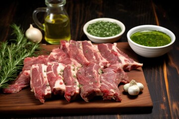 Wall Mural - ribs prepared for marinating, with thick sauce and herbs