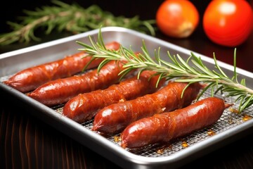 Canvas Print - smoked sausages on a metal tray with rosemary sprigs