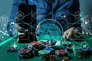 Poster - Artificial intelligence service business web computing IoT integration concept. AI gear icon on display smartphone. Smart house big data unmanned management process, development engineering technology