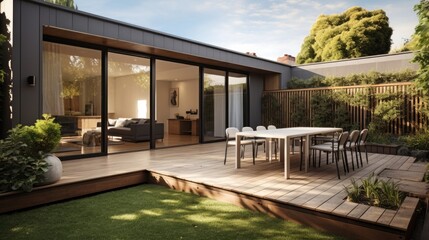 Backyard of a modern home extension includes the of a Backyard, deck, patio area.