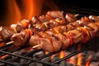 close-up of lamb skewers sizzling on a grill