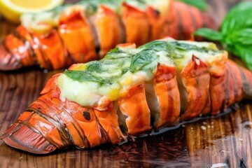 Wall Mural - close shot of a single lobster tail with green herb butter on top