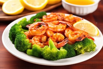 Wall Mural - plate of bbq shrimps surrounded by fresh broccoli