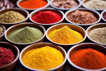 Wall Mural - close-up shot of various colorful spice rubs in small bowls