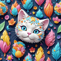 Wall Mural - cute cats and flowers, seamless pattern