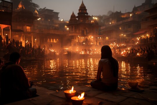 Spiritual moment during the Aarti ceremony on the ghats of Varanasi, Generative AI