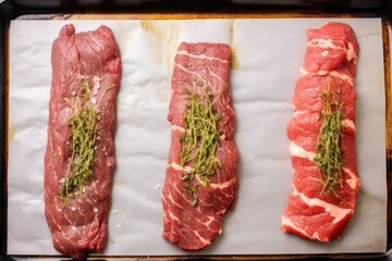 Wall Mural - three stages of cooking skirt steak pictured from raw to grilled