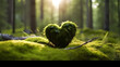 love green moss on the tree , Closeup of wooden heart on moss, forest background, save earth