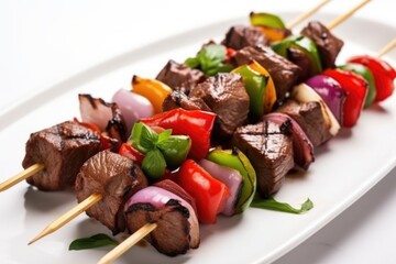 Wall Mural - close-up of skewers with cubed lamb & beef on a white plate