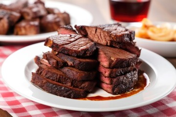 Poster - close-up of bbq brisket slices stacked on a white plate