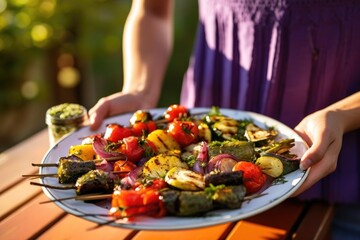 Poster - hand serving a platter of grilled vegetable kebabs