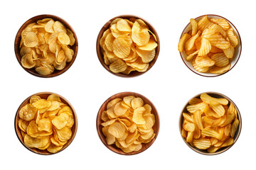 Wall Mural - Collection of top-view crispy potato chips in a bowl isolated on a transparent background