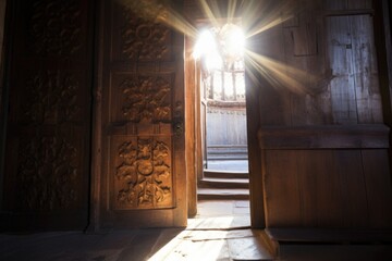 Wall Mural - sunlight filtering through an elaborately carved wooden church door