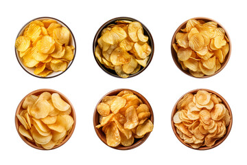 Wall Mural - Collection of top-view crispy potato chips in a bowl isolated on a transparent background