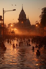Group of pilgrims bathing in the holy waters of the Ganges in Haridwar, Generative AI