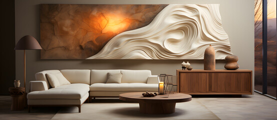 Wall Mural - The parlor is furnished with beige sofas and tea sets against a backdrop of layered veneers 7