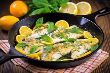 Sticker - fish fried in a pan with slices of citrus and sprigs of basil