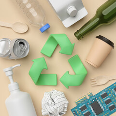 Wall Mural - Recycle reuse symbol plastic bottle food plastic packaging glass bottle paper electronic waste aluminum  crushed can recycling process zero waste reduce ecology environment concept. 3d rendering.