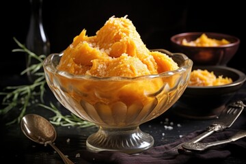 Poster - scoops of pumpkin puree in a glass bowl