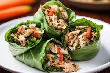 Canvas Print - half-eaten turkey lettuce wrap on a plate