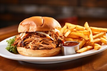 Poster - large pulled pork sandwich on white plate