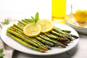 Poster - grilled asparagus on a white plate with lemon wedges