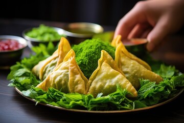 Wall Mural - placing a samosa on a bed of greens
