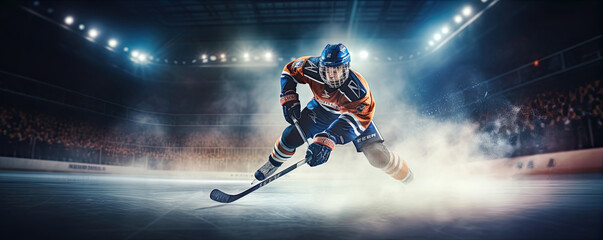 ice hockey player ready to goal. copy space for text.