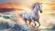 phantasmal iridesant enchanting white horse galloping on a pristine beach during a vibrant sunset, waves crashing, golden sand, a feeling of freedom and tranquility, Artwork, watercolor painting