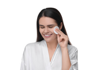 Sticker - Young woman cleaning her face with cotton pad on white background