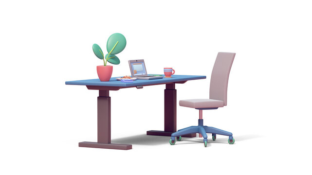 Gray chair stands near blue lifting computer table with laptop, cookies in plate, notepad, green plant in red pot, cup of coffee. Modern office interior empty no people. 3d render isolated transparent
