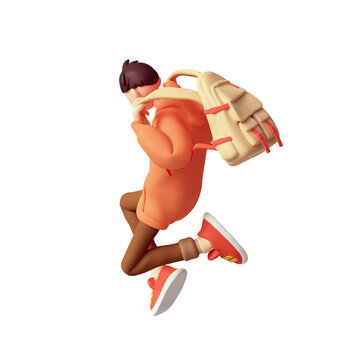 Rear view of young cute excited funny сasual active guy in fashion clothes red hoodie brown jeans, sneakers, yellow backpack jump up in air have fun, rejoice, joy. 3d render isolated transparent.