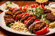 A plate with doner kebab on a wooden table. shish kabob, meat sticks. Generative AI