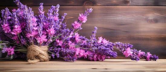 Sticker - Lavender flowers on wood background in toned photo