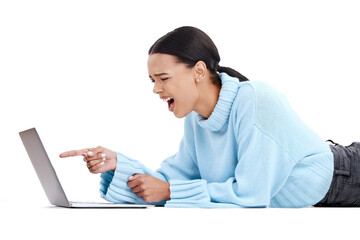 Wall Mural - Laptop, angry woman and pointing feeling frustrated, upset or stress from email scam isolated on a transparent PNG background. Female person in computer spam, tech problem or phishing on the ground