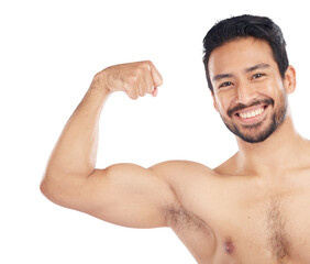 Sticker - Portrait of bodybuilder, strong muscle and flex bicep, arm or growth from gym on isolated, transparent or png background. Man flexing, body check or progress of muscles from in exercise or workout