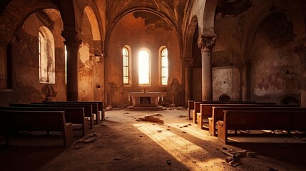 Ancient chapel interior with dim light and  some ruins,