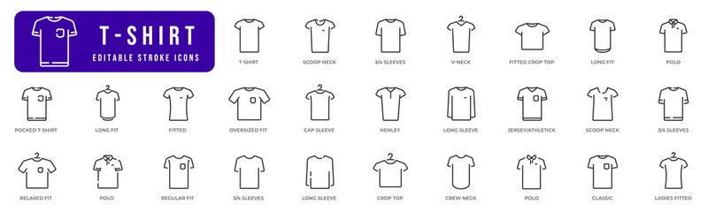 t-shirt line icons set. collection of tshirt. sim, fitted, long, relaxed, v-neck etc. editable strok