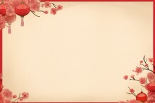 Happy Chinese New Year Banner Template. Traditional Festival Paper Fans With Flowers And Lamps On Red Table.