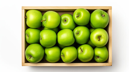 green apple in the wood box on white background, close up collection of fresh ingredients healthy food, fruit, vegetables for healthy delicious food theme