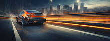 Sport Car With Motion Blur On The Road, Cyberpunk Fire Racing Car At High Speed On Street, Car On Street Night City, Back Side View. Car Racing On Track, Leaving Neon Trail Of Lights From Back