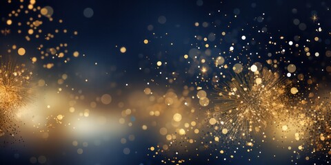 Elegant gold and navy blue glitter background with fireworks, ideal for Christmas Eve and New Year celebrations.