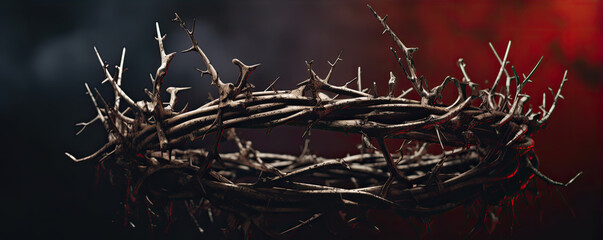 Fototapeta passion of jesus christ, crown of thorns on black background.