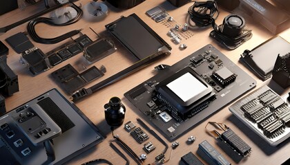 Computer parts laid out on a table. PC assembly