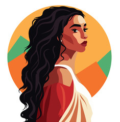 Wall Mural - Vector avatar icon beautiful native american woman, indigenous peoples of america in a field against sunset background. World peace. International Women's Day. Vector concept of freedom.