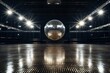 Empty disco hall with disco ball and lights, background stage ramp