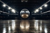 Fototapeta Fototapety sport - Empty disco hall with disco ball and lights, background stage ramp