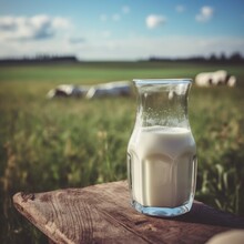 A Jug Of Fresh Cow's Milk On A Wooden Board On The Background Of A Field And Cows. AI Generating