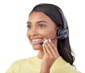 Poster - Call center, face of woman and consultant smile for customer service, faq or isolated on transparent png background. Indian female, telemarketing agent and thinking of CRM advice, sales and questions